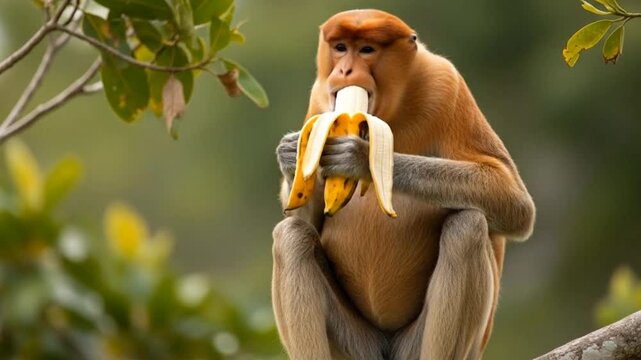 Proboscis Monkey enjoys a delicious banana while perched on a tree branch surrounded by lush green foliage
