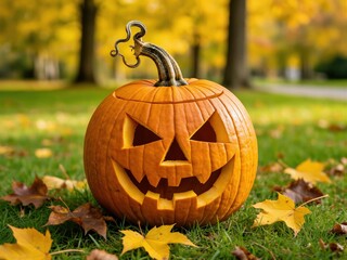 Obraz premium Pumpkin Jack O Lantern on Grass with Autumn Leaves and Blurred Golden Trees