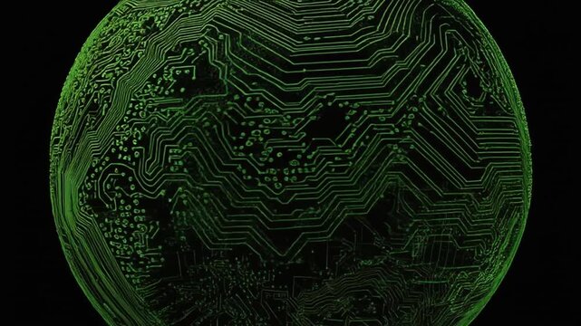 Glowing green circuit board design shaped like a globe, set against a stark black background