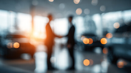 Fototapeta premium The image blurs as two people hold hands in a luxury car showroom, Concepts related to buying, selling, or leasing a car.