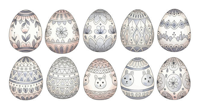 A collection of ten intricately decorated Easter eggs, featuring delicate floral patterns, geometric designs, and charming bunny faces in a pastel color palette.