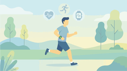 Man running with fitness tracker and health icons.
