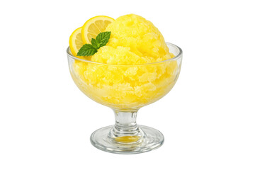 Refreshing lemon sorbet in glass bowl with mint