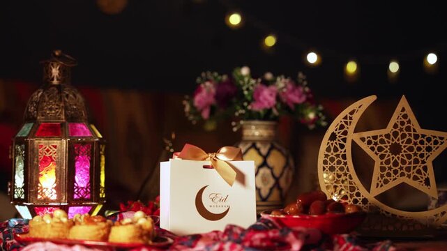 The Muslim Holiday of Eid. Gift boxes on the table with sweets for children and adults. Festive interior decor