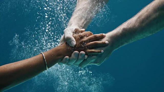 Close up of two diverse hands holding each other tightly underwater.
