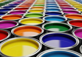 Fototapeta premium Numerous open containers filled with vibrant liquid colors arranged in precise rows receding into the distance.