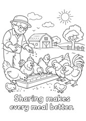coloring book grandfather feeding chickens at a trough © listyo