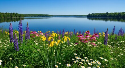 Fototapeta premium Vibrant wildflower meadow borders the calm surface of a placid lake under a bright summer sky
