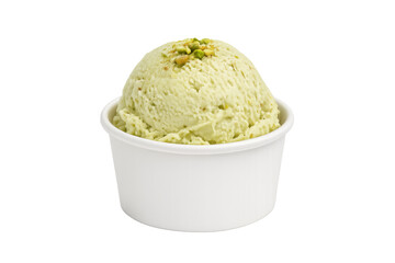 Pistachio ice cream scoop in cup with chopped nuts