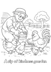 coloring book  grandfather pouring grain from a bucket to chickens © listyo