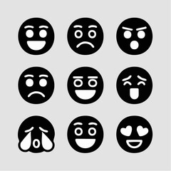 Collection of minimalist emoticon icons in thin black line art style, simple circular design, various facial expressions, vector graphics, digital art, emotive symbols