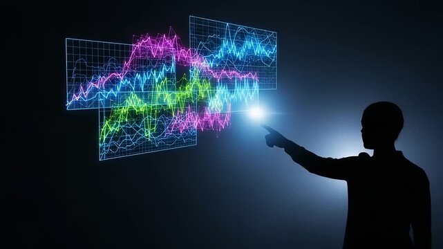 Man Interacting with Digital Financial Graphs.