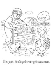 coloring book  grandfather preparing the coop and organizing feed for tomorrow © listyo