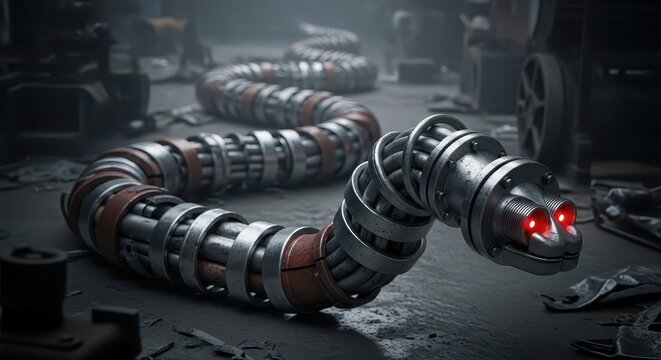 Segmented metallic serpent with glowing red optical sensors rests on a dirty factory floor