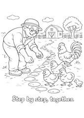 coloring book grandfather gently gathering chicks in his hands © listyo