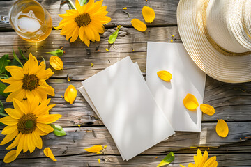 夏の眩しい日差しが降り注ぐ古いウッドテーブルに置かれた満開のひまわりと麦わら帽子が並ぶ涼しげなメッセージカードのモックアップ