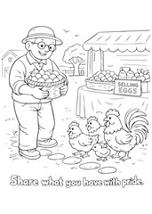 coloring book  grandfather selling fresh eggs at a market stall © listyo