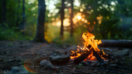 美しい自然に囲まれた森のキャンプ場で夕日を背景に暖かく地面を照らす小さな焚き火の癒やしイメージ