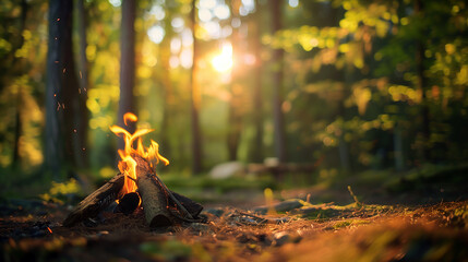 夕暮れ時の静かな森の中でパチパチと音を立てて燃える焚き火と木漏れ日が織りなす幻想的なキャンプの風景