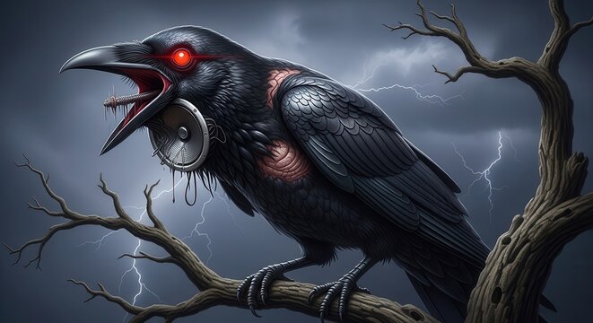 Ferocious black bird with glowing eyes and mechanical components perches on a barren branch during a storm.