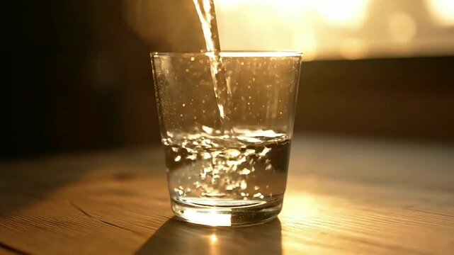 Crystal clear water gracefully pours into a transparent drinking glass, a single object shimmering with reflections in a cozy, softly lit setting, emphasizing freshness and vitality