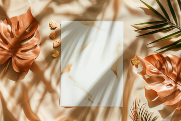 アンティークな雰囲気のドライリーフとアンスリウムを添えた生成り色の布の上で柔らかな光を浴びるエレガントなメッセージカードのモックアップ