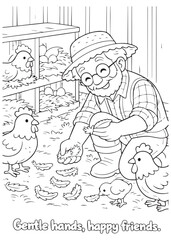 coloring book  grandfather checking chicks inside a cozy coop © listyo
