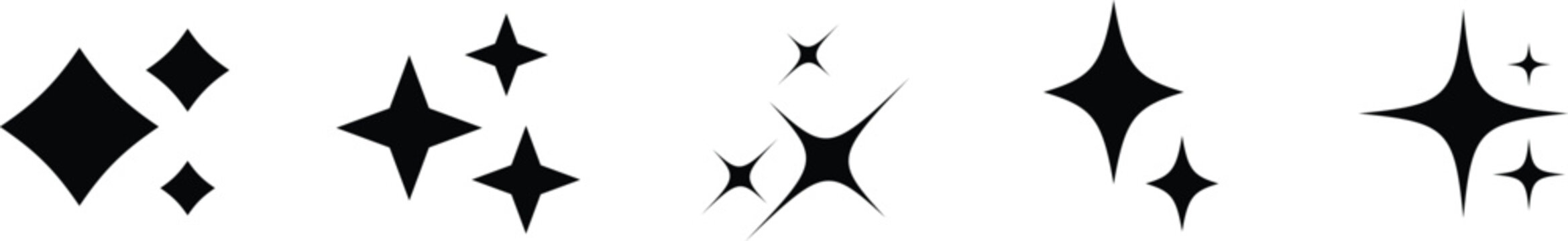 Five distinct black sparkle and star shapes including diamond and starburst forms on a bright white background