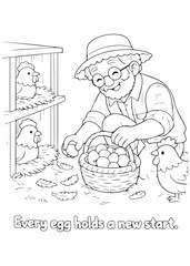 coloring book  grandfather collecting eggs into a woven basket © listyo