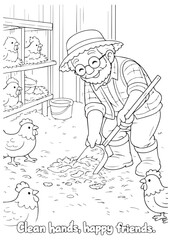 coloring book grandfather raking the yard and tidying the chicken area © listyo