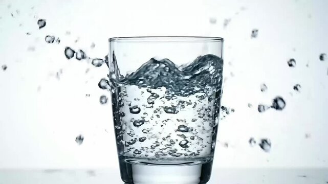 A dynamic splash of pure, cool water captured within a crystal clear drinking glass single object, embodying refreshing hydration and clean living for a healthy daily routine