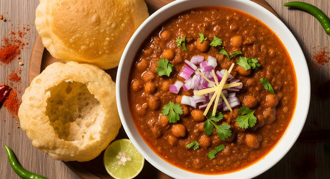 A bowl of Misal Pav, a popular Indian street food dish, garnished with onions and coriander, served with bread on a wooden table.