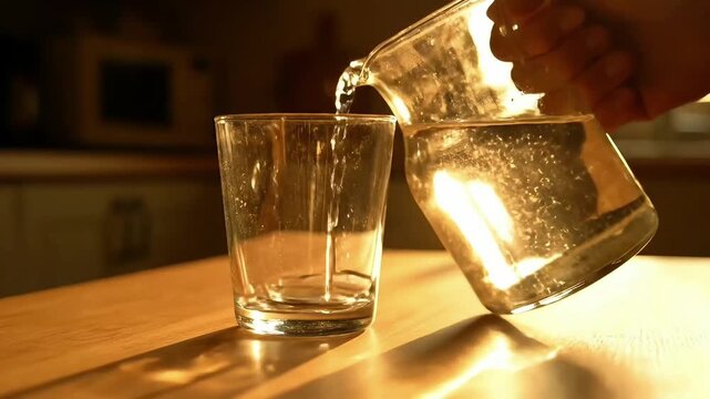 Pouring refreshing water into a clear drinking glass single object on a sunlit wooden table, a simple act of hydration and daily refreshment