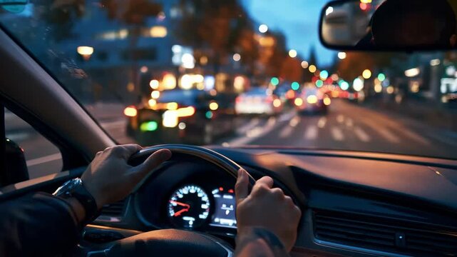 Medium shot of a learner driver turning at a quiet urban intersection during twilight focusing on their hands on the steering wheel with blurred city lights outside
