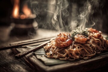 Close-Up of Authentic Pad Thai Noodles with Shrimp and Herbs