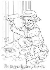 coloring book grandfather fixing the coop door with careful tools © listyo