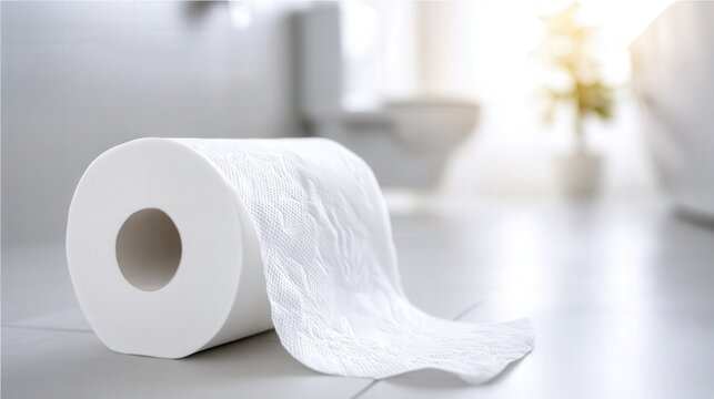 Toilet paper roll on clean bathroom floor with unrolled strip extending toward camera, bright interior and blurred background elements