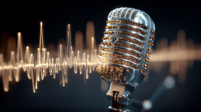 Vintage microphone with audio waveform representing voice recording, podcast broadcasting, and sound technology concept.
