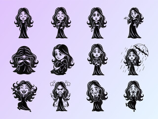 Gothic Girl Cartoon Character: Emotional Expression Vector Set for Diverse Moods