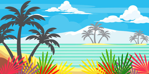 silhouette of coconut tree in flat style. illustration of palm tree in flat style. summer background. summer theme scenery © Annas
