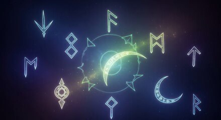 Fototapeta premium Mystical glowing esoteric symbols and celestial shapes hover over a dark cosmic background
