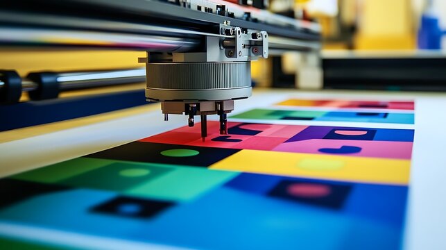 Industrial printer head moving over vibrant color test pattern sheets