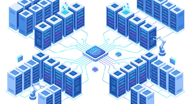Isometric illustration of a massive data center with AI processor chip and server racks for neural network and supercomputing