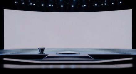Empty, modern presentation stage setup awaits a speaker beneath bright overhead lighting