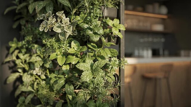 Closeup medium shot of vibrant indoor herbs thriving on a wallmounted garden with a softly blurred modern bar backdrop enhancing the cozy ambiance.