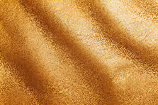 High-resolution close-up of golden brown leather with visible wrinkles and natural grain, showcasing its smooth, soft, and luxurious texture, ideal for design and fashion backgrounds.