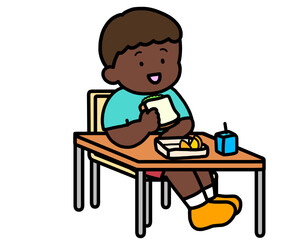 学校生活　机でランチをとる黒人の男の子（サンドイッチ）