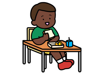 学校生活　机でランチをとる黒人の男の子（サンドイッチ）