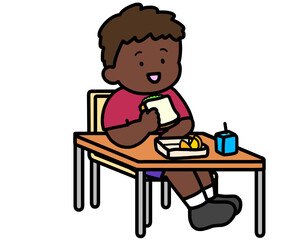 学校生活　机でランチをとる黒人の男の子（サンドイッチ）