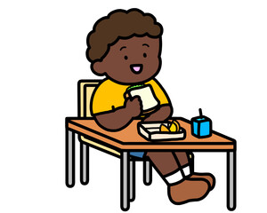 学校生活　机でランチをとる黒人の男の子（サンドイッチ）